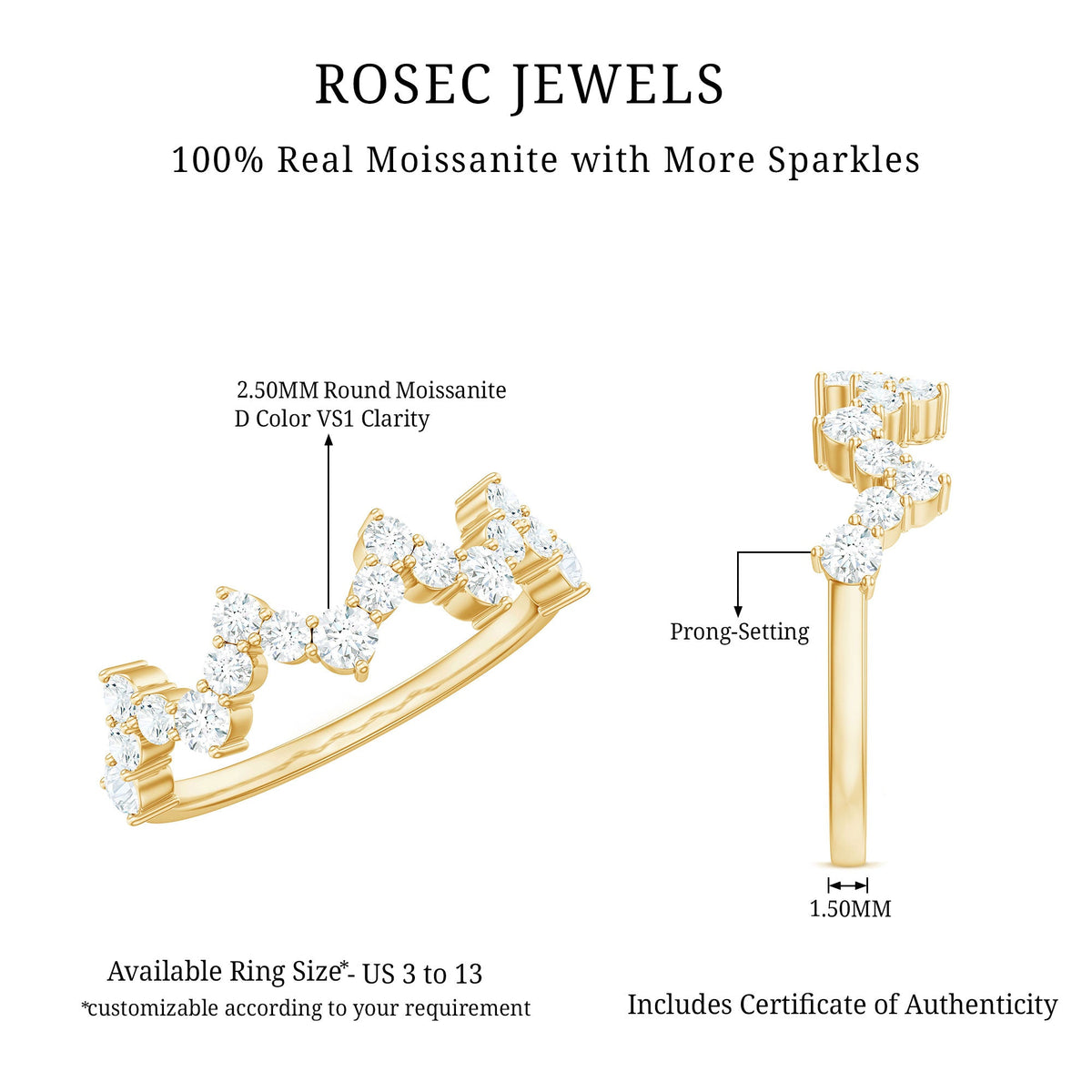 Rosec Jewels Zig Zag Moissanite Half Eternity Band Ring with sparkling moissanite stones and unique zigzag design.