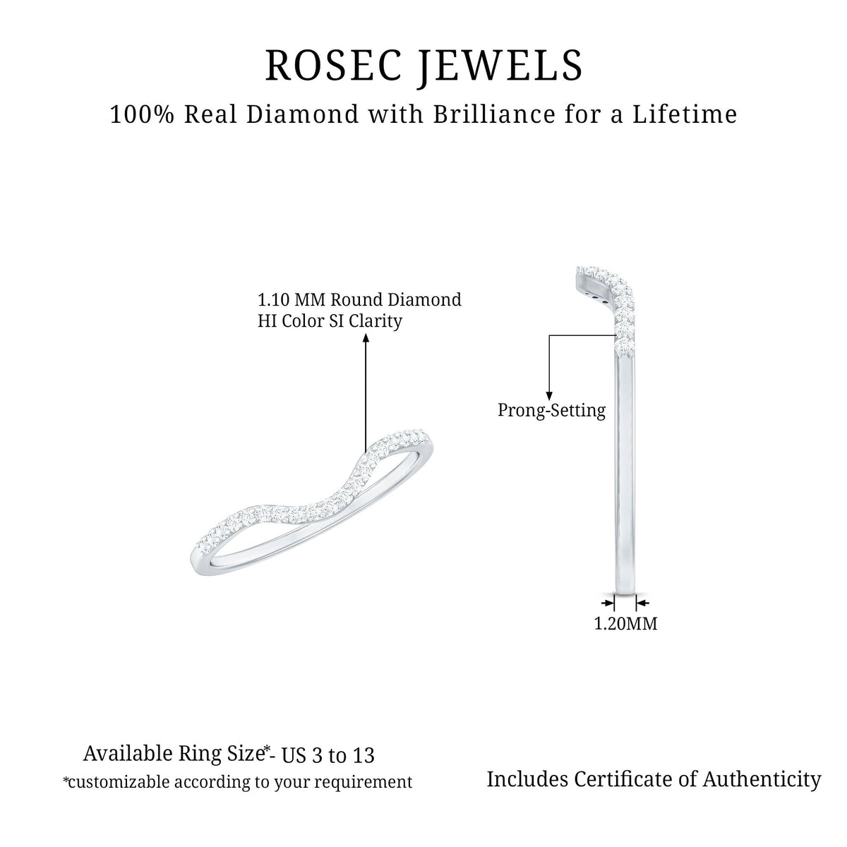 Real diamond curved enhancer for engagement rings by Rosec Jewels, showcasing sparkling diamonds and elegant design.