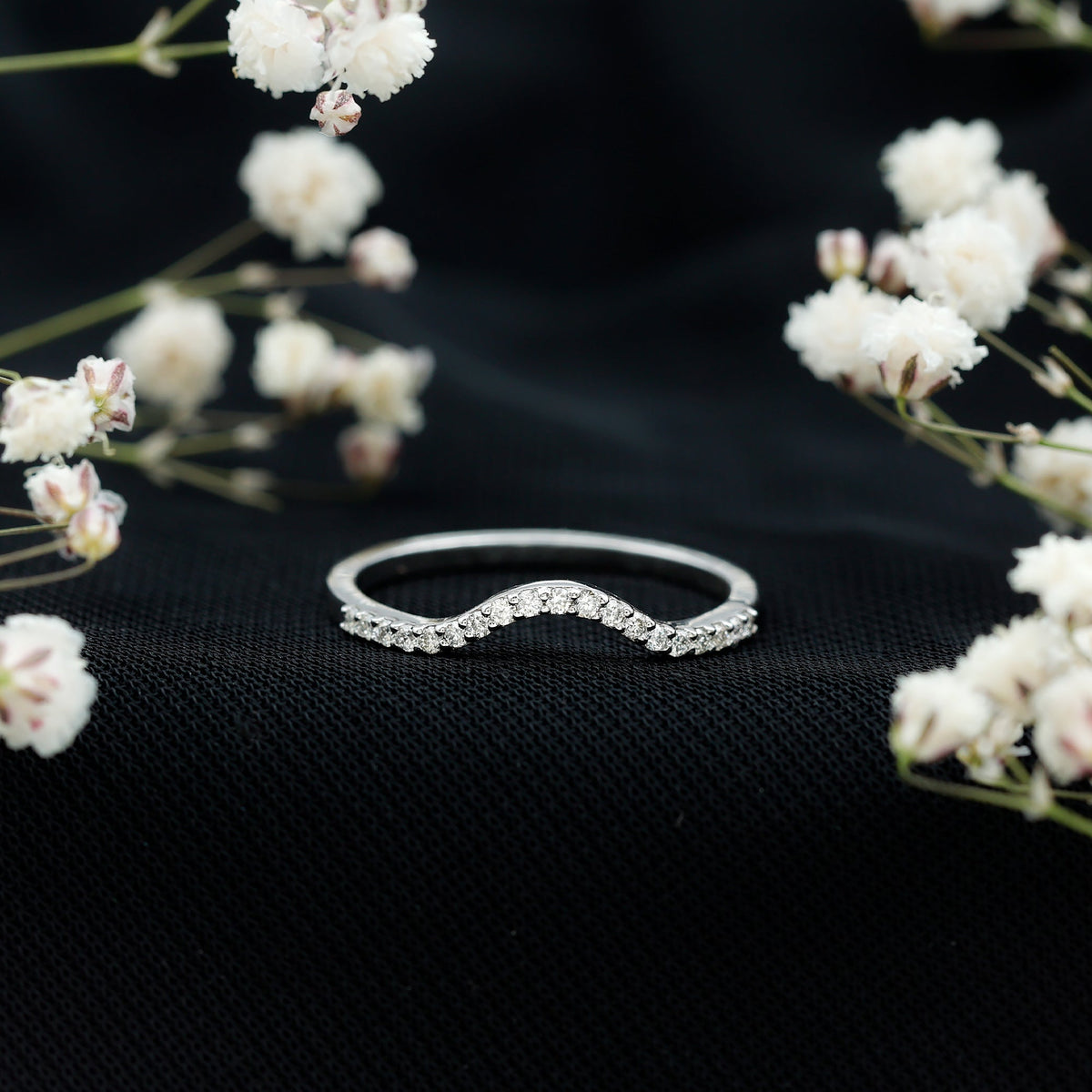 Rosec Jewels real diamond curved enhancer ring with sparkling diamonds, designed to complement and enhance engagement rings.
