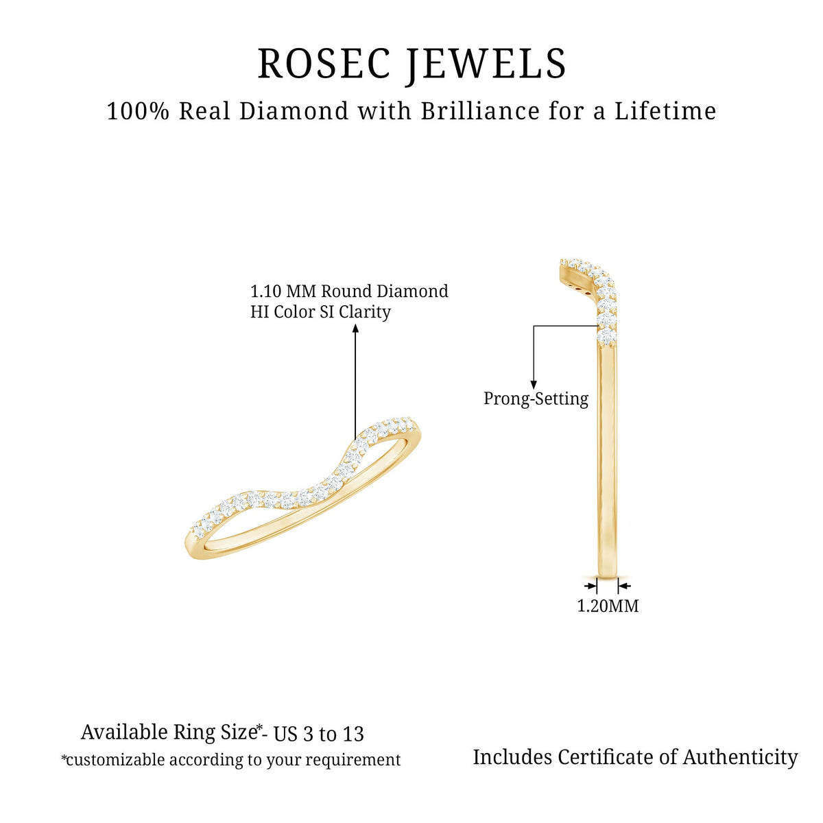 Real diamond curved enhancer ring by Rosec Jewels, featuring sparkling diamonds that complement an engagement ring.