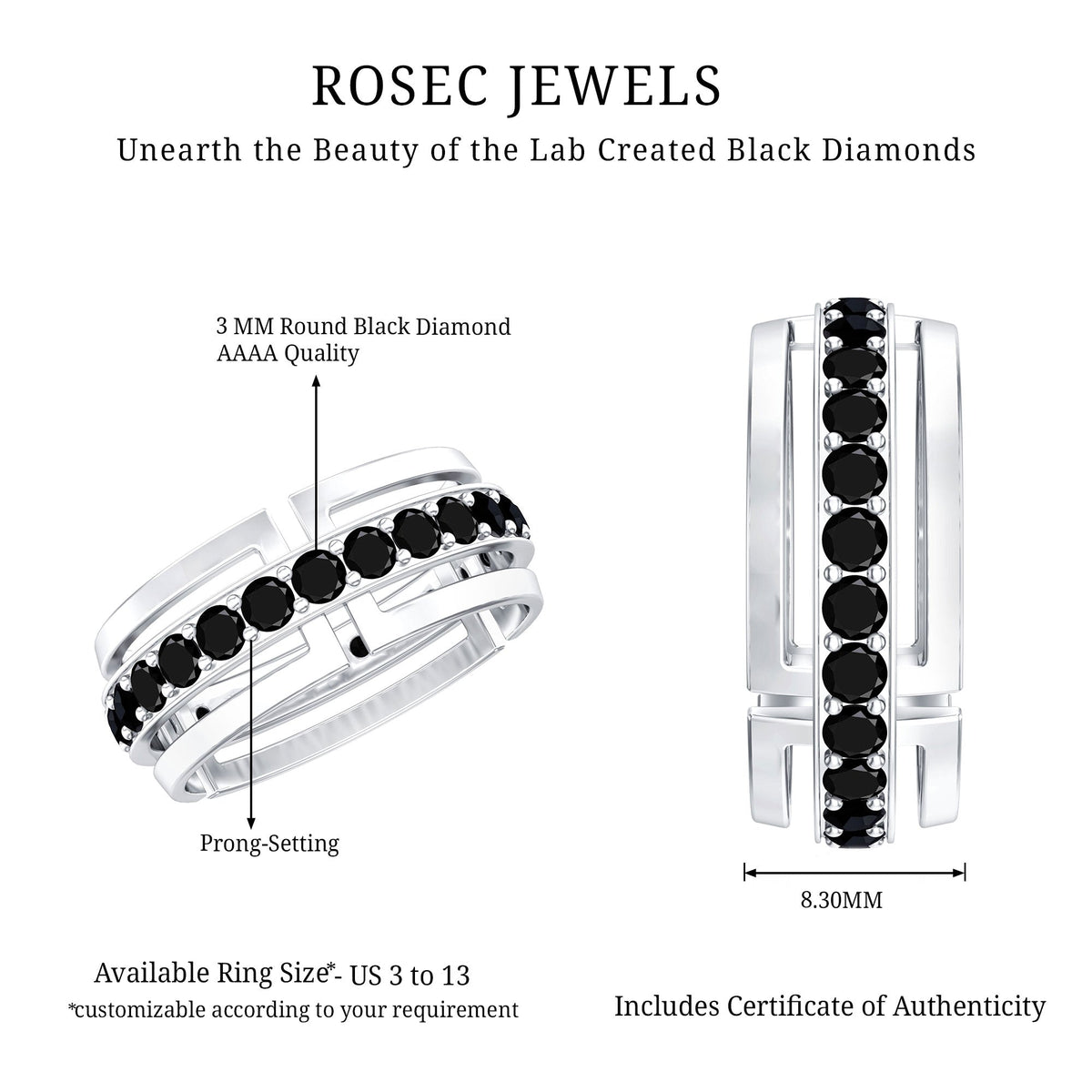 Men's black diamond wedding band by Rosec Jewels featuring lab-created black diamonds on a sleek ring design.