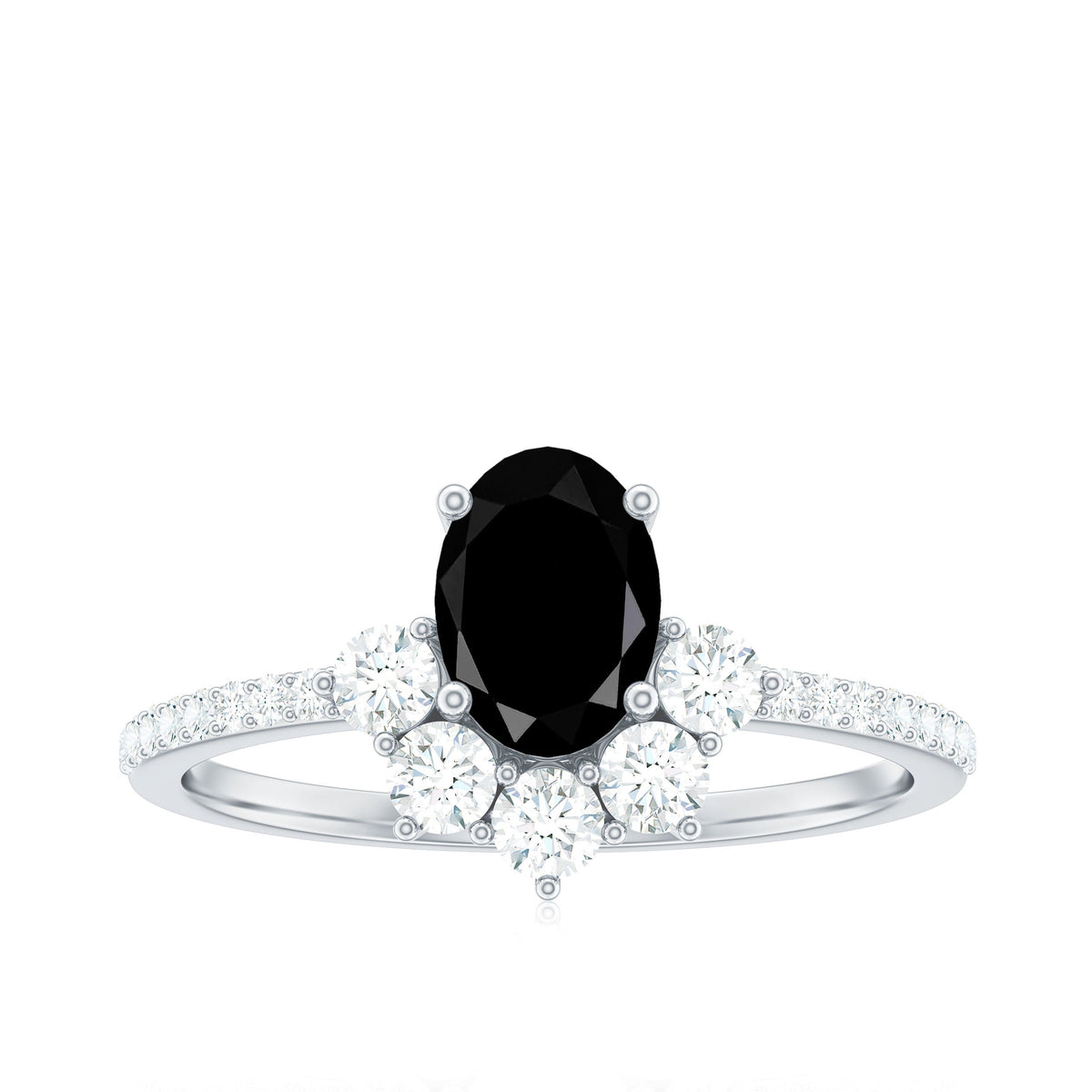 6X8mm Oval Cut Black Onyx Designer Engagement Ring with Diamond Half Halo