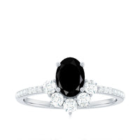 6X8mm Oval Cut Black Onyx Designer Engagement Ring with Diamond Half Halo