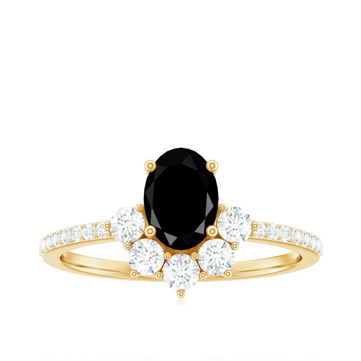 6X8mm Oval Cut Black Onyx Designer Engagement Ring with Diamond Half Halo