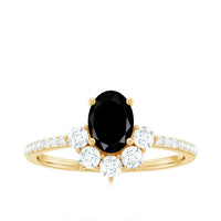 6X8mm Oval Cut Black Onyx Designer Engagement Ring with Diamond Half Halo