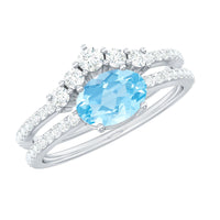 Real Oval Aquamarine Diamond East West Engagement Ring and Wedding Band Set