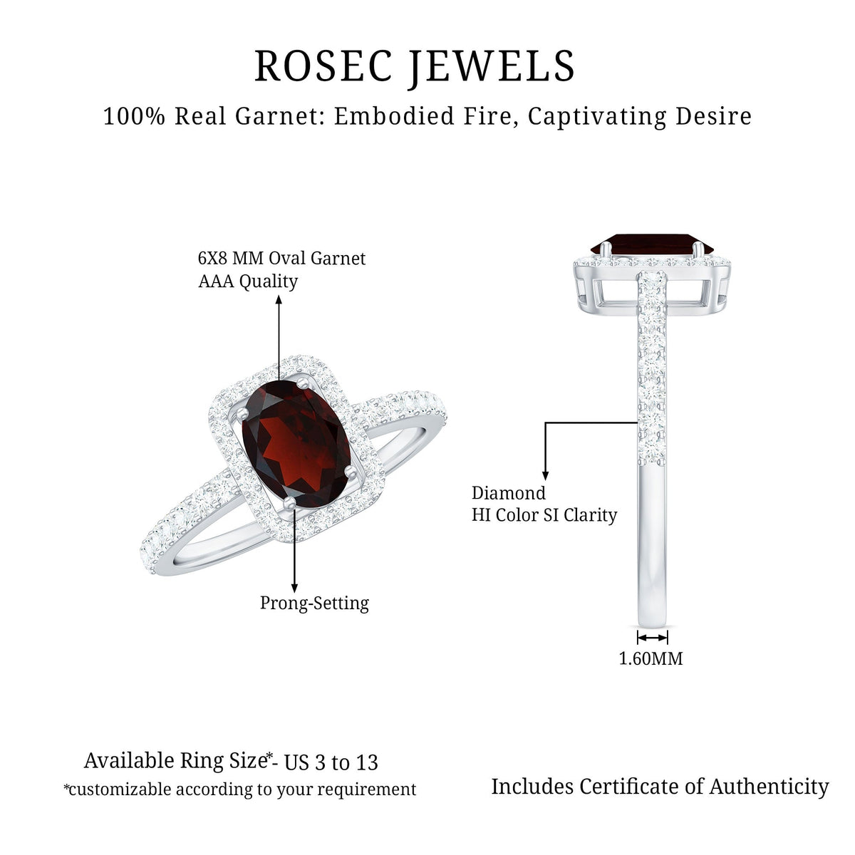 Classic 6X8mm Garnet Oval Engagement Ring with Diamond Halo