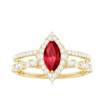 Vintage Inspired Lab Ruby and Diamond Double Band Engagement Ring