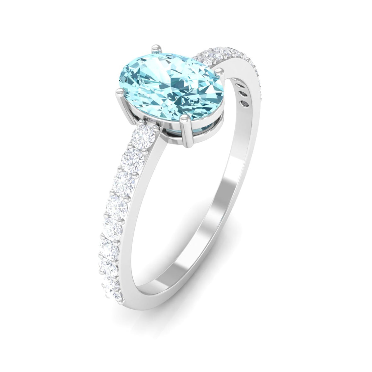 Genuine 6X8mm Solitaire Aquamarine Oval Engagement Ring with Diamond
