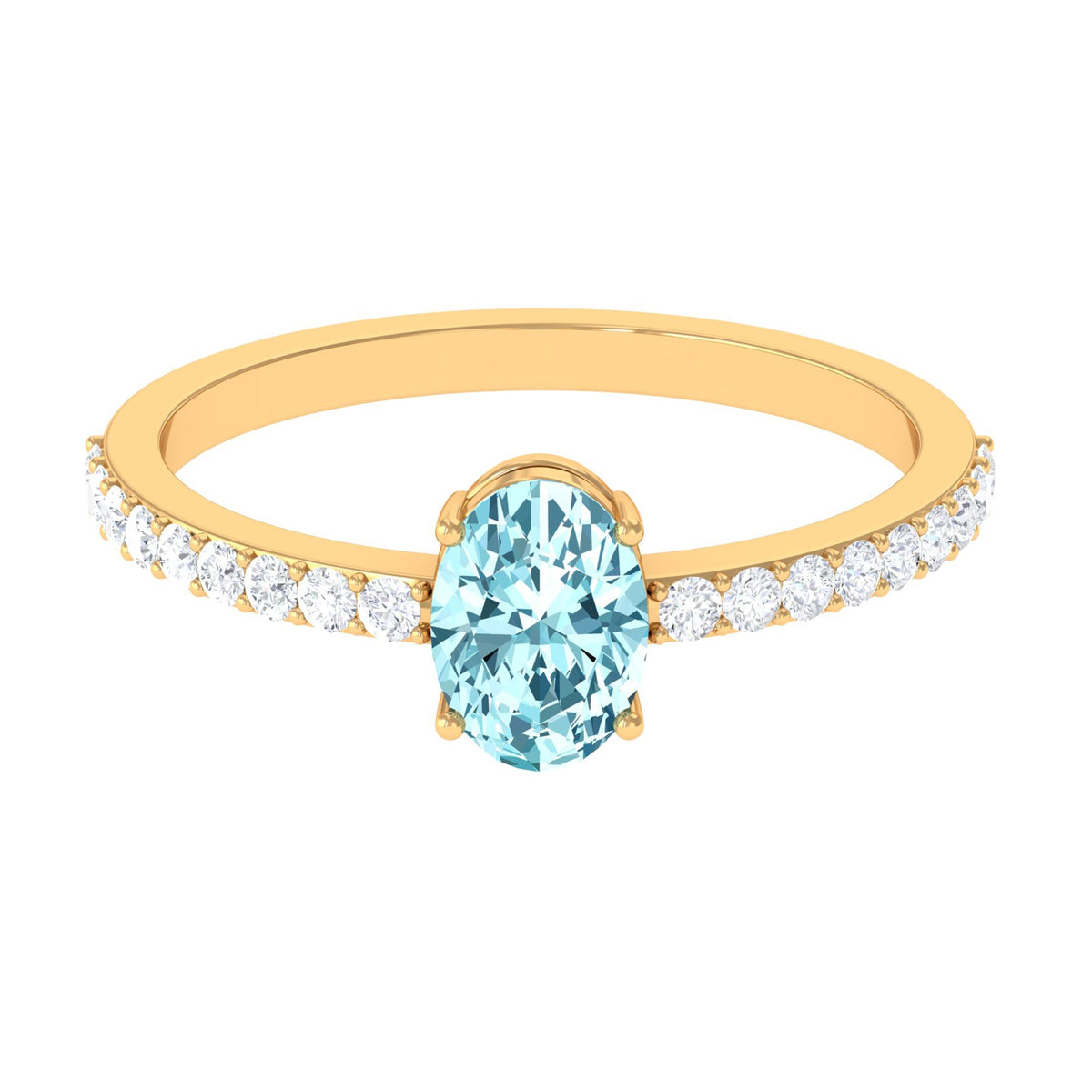 Genuine 6X8mm Solitaire Aquamarine Oval Engagement Ring with Diamond