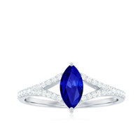 Certified 0.75 Carat Lab Grown Blue Sapphire Marquise Engagement Ring with Diamond Split Shank