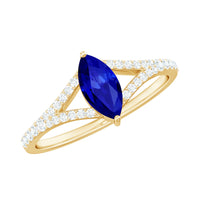 Certified 0.75 Carat Lab Grown Blue Sapphire Marquise Engagement Ring with Diamond Split Shank