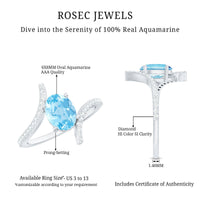 Real 6X8mm Aquamarine Oval Engagement Ring with Diamond Bypass Shank