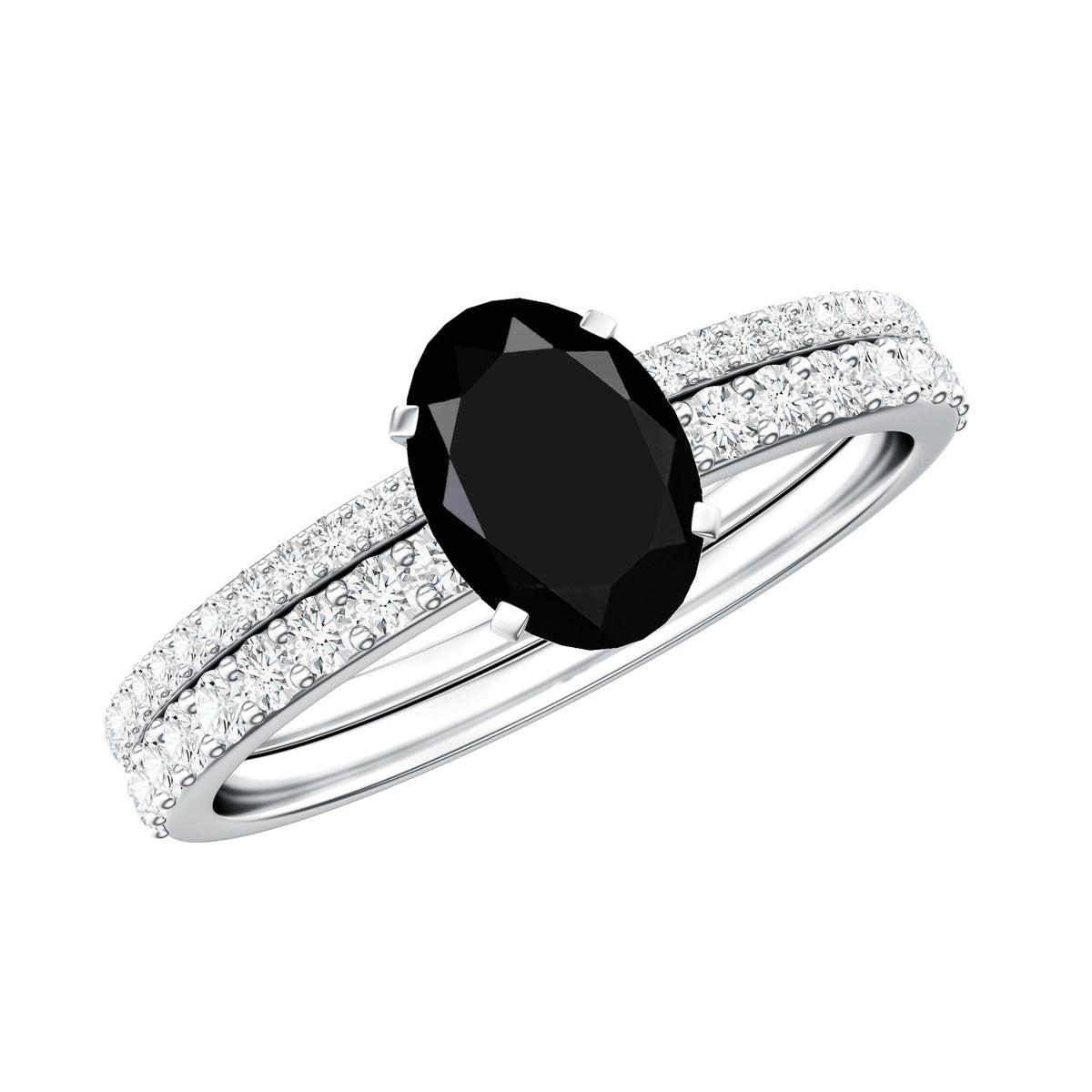 6X8mm Oval Cut Black Onyx Solitaire Rings Set with Diamond Wedding Band