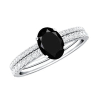 6X8mm Oval Cut Black Onyx Solitaire Rings Set with Diamond Wedding Band