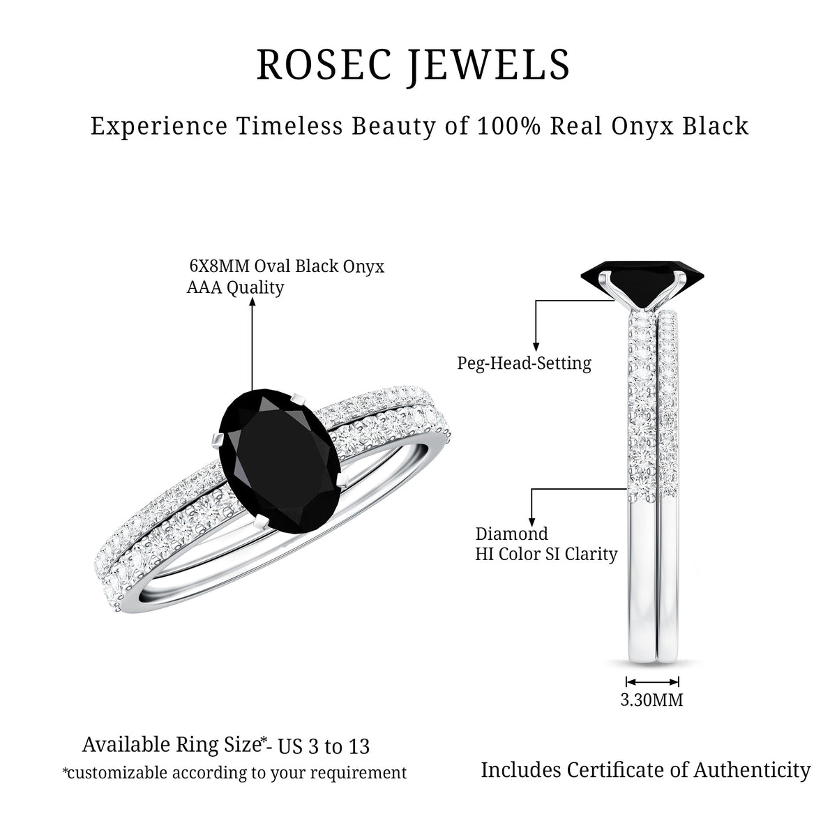 6X8mm Oval Cut Black Onyx Solitaire Rings Set with Diamond Wedding Band