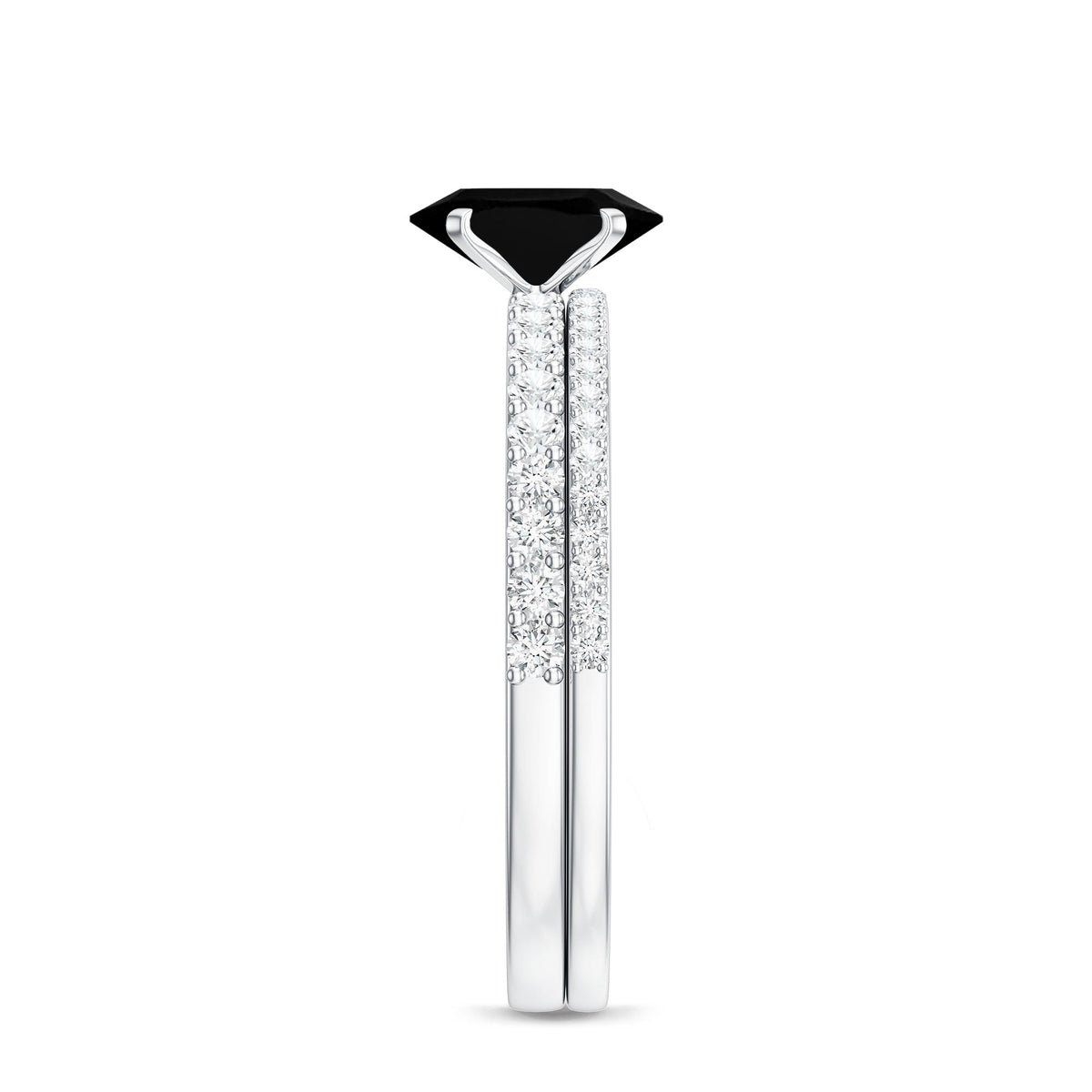 6X8mm Oval Cut Black Onyx Solitaire Rings Set with Diamond Wedding Band