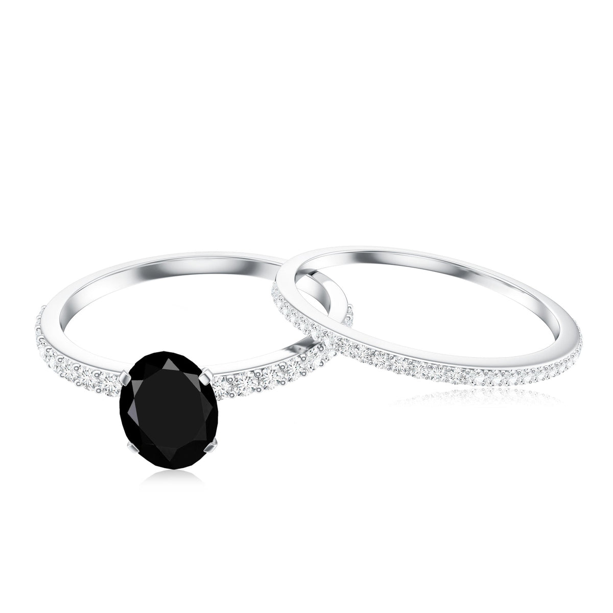 6X8mm Oval Cut Black Onyx Solitaire Rings Set with Diamond Wedding Band