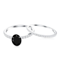 6X8mm Oval Cut Black Onyx Solitaire Rings Set with Diamond Wedding Band