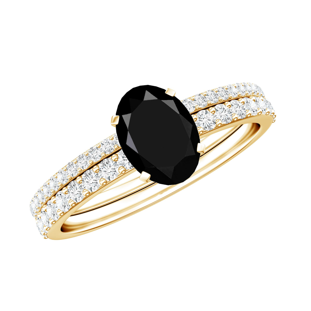 6X8mm Oval Cut Black Onyx Solitaire Rings Set with Diamond Wedding Band