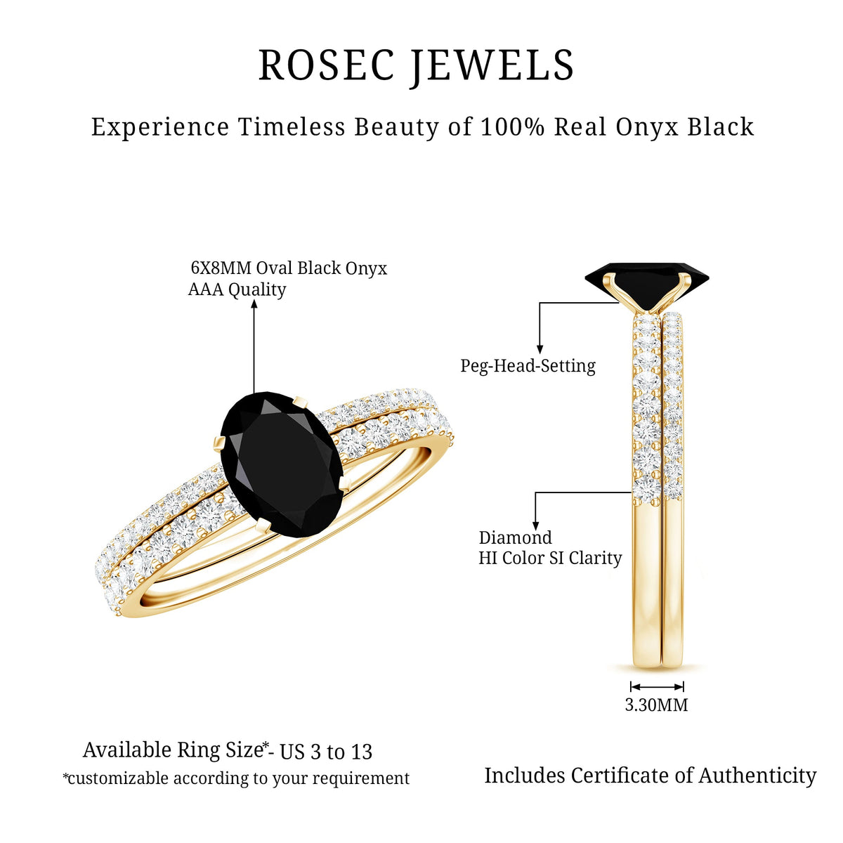 6X8mm Oval Cut Black Onyx Solitaire Rings Set with Diamond Wedding Band