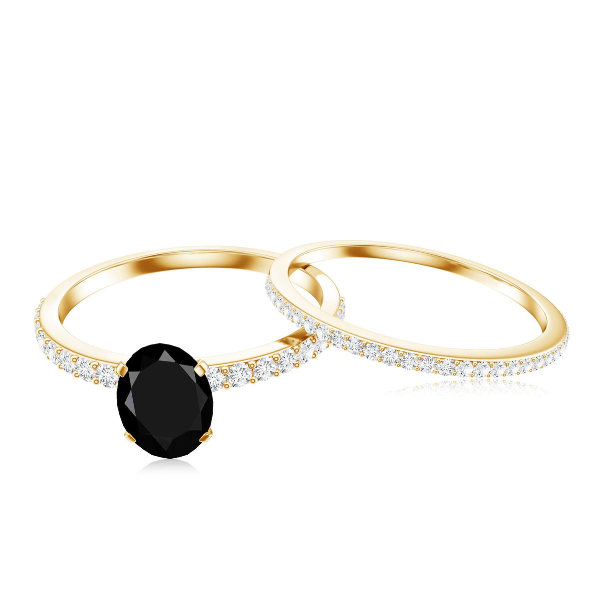 6X8mm Oval Cut Black Onyx Solitaire Rings Set with Diamond Wedding Band