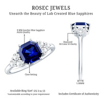 Certified 4.8 Carat Asscher Cut Lab Grown Blue Sapphire Engagement Ring with Diamond Trio