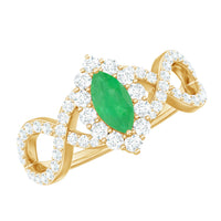 Natural Marquise Emerald Diamond Halo Engagement Ring with Crossover Shank