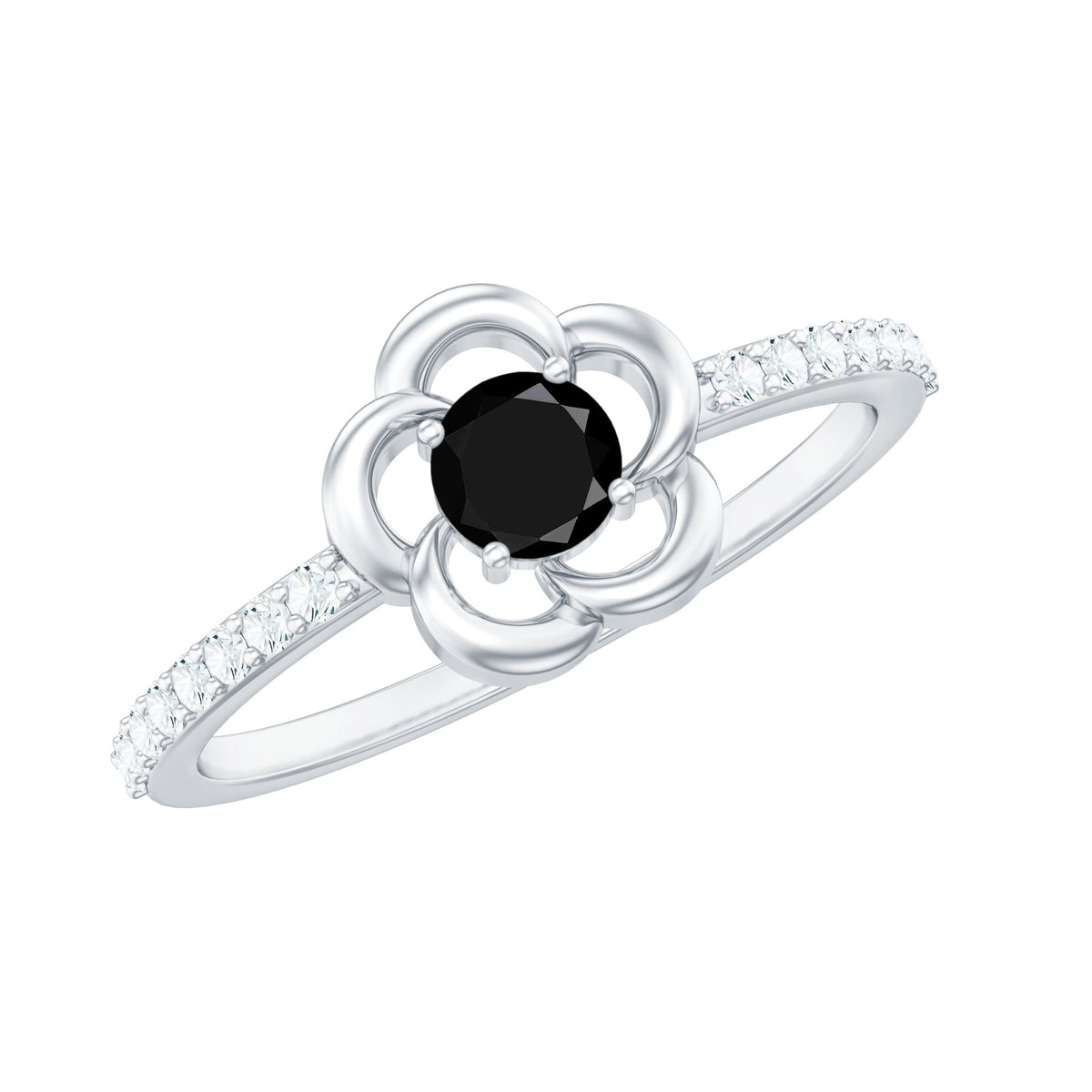 Certified 0.8 Carat Lab Grown Black Flower Promise Ring with White Diamond