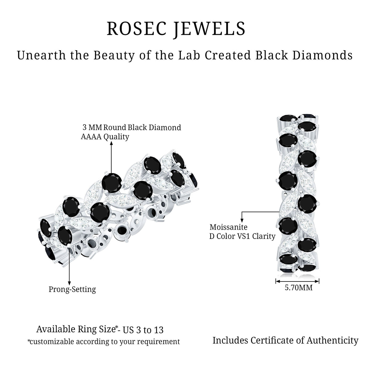 Nature Inspired Lab Grown Black Diamond Eternity Band Ring with Moissanite