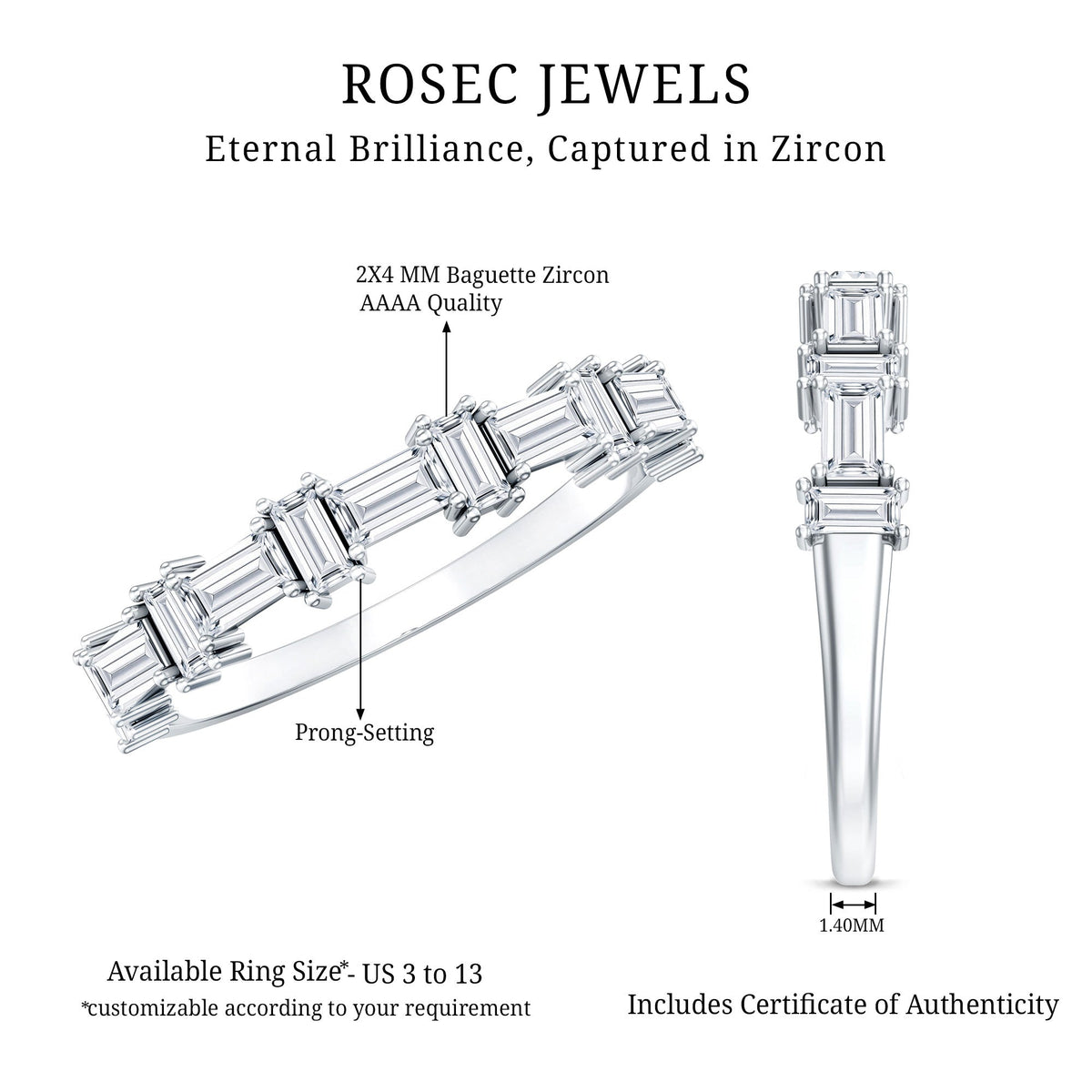Baguette Cut Cubic Zirconia Designer Half Eternity Ring