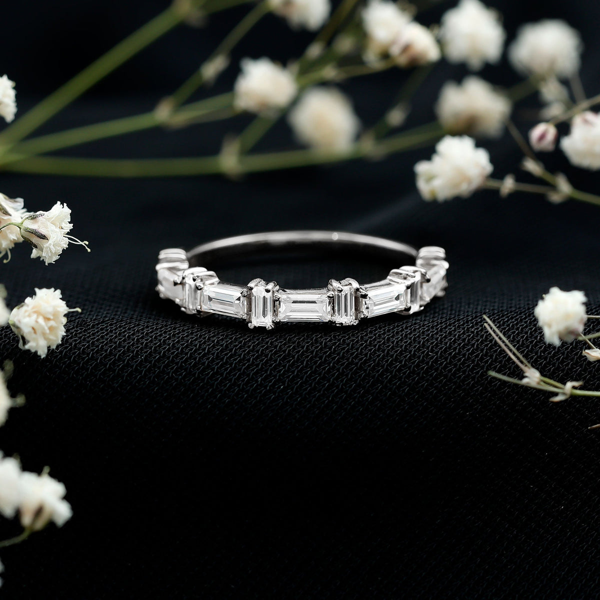 Baguette Cut Cubic Zirconia Designer Half Eternity Ring