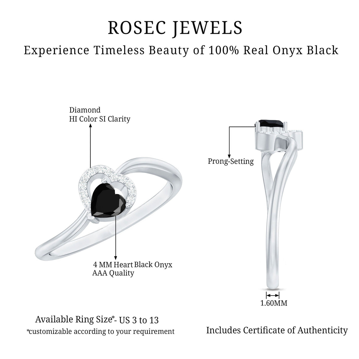 Genuine Black Onyx and Diamond Heart Promise Ring