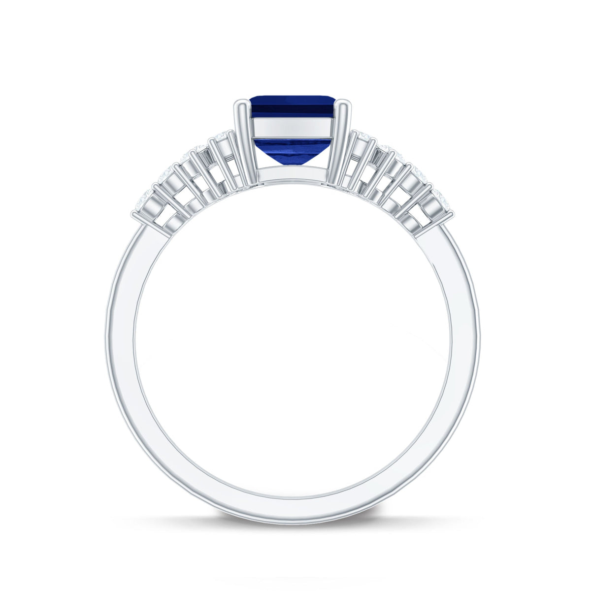 6X8mm Emerald Cut Lab Created Blue Sapphire Vintage Inspired Engagement Ring with Diamond