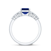6X8mm Emerald Cut Lab Created Blue Sapphire Vintage Inspired Engagement Ring with Diamond