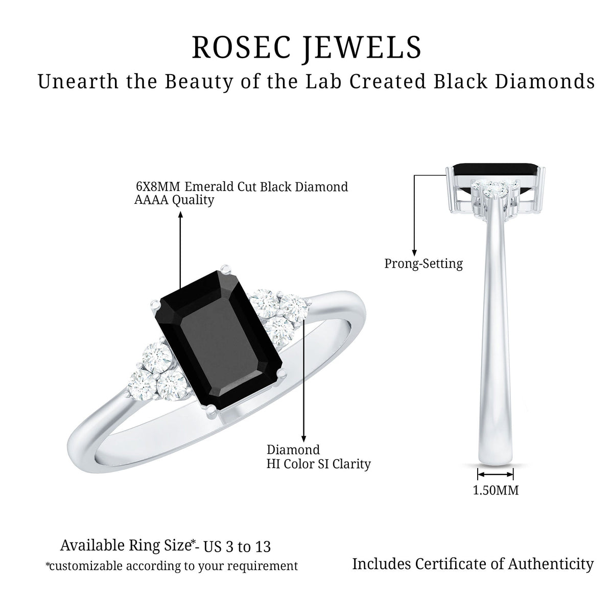 1.6 Carat Lab Grown Black Diamond Emerald Cut Engagement Ring with White Diamond