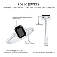 1.6 Carat Lab Grown Black Diamond Emerald Cut Engagement Ring with White Diamond