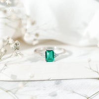 Certified 1.6 Carat Lab Grown Emerald Cut Emerald Engagement Ring with Diamond Trio