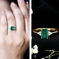 Certified 1.6 Carat Lab Grown Emerald Cut Emerald Engagement Ring with Diamond Trio