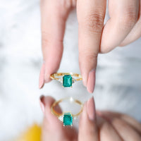 Certified 1.6 Carat Lab Grown Emerald Cut Emerald Engagement Ring with Diamond Trio