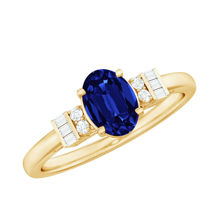 Certified 1 Carat lab-grown blue sapphire oval engagement ring with diamonds by Rosec Jewels, featuring a elegant design.