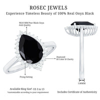 Pear Shaped Black Onyx Big Engagement Ring with Diamond Halo