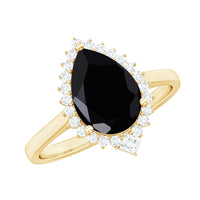 Pear Shaped Black Onyx Big Engagement Ring with Diamond Halo