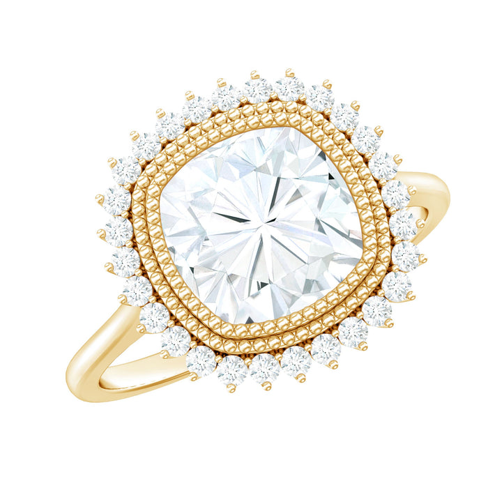 Rosec Jewels certified moissanite cushion cut engagement ring with beaded detail, showcasing sparkling gemstone and intricate design.
