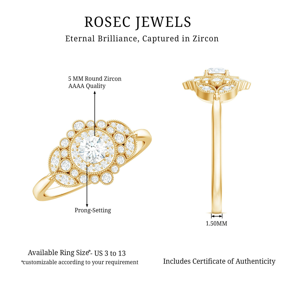 Vintage Style Cubic Zirconia Engagement Ring with Milgrain Detailing