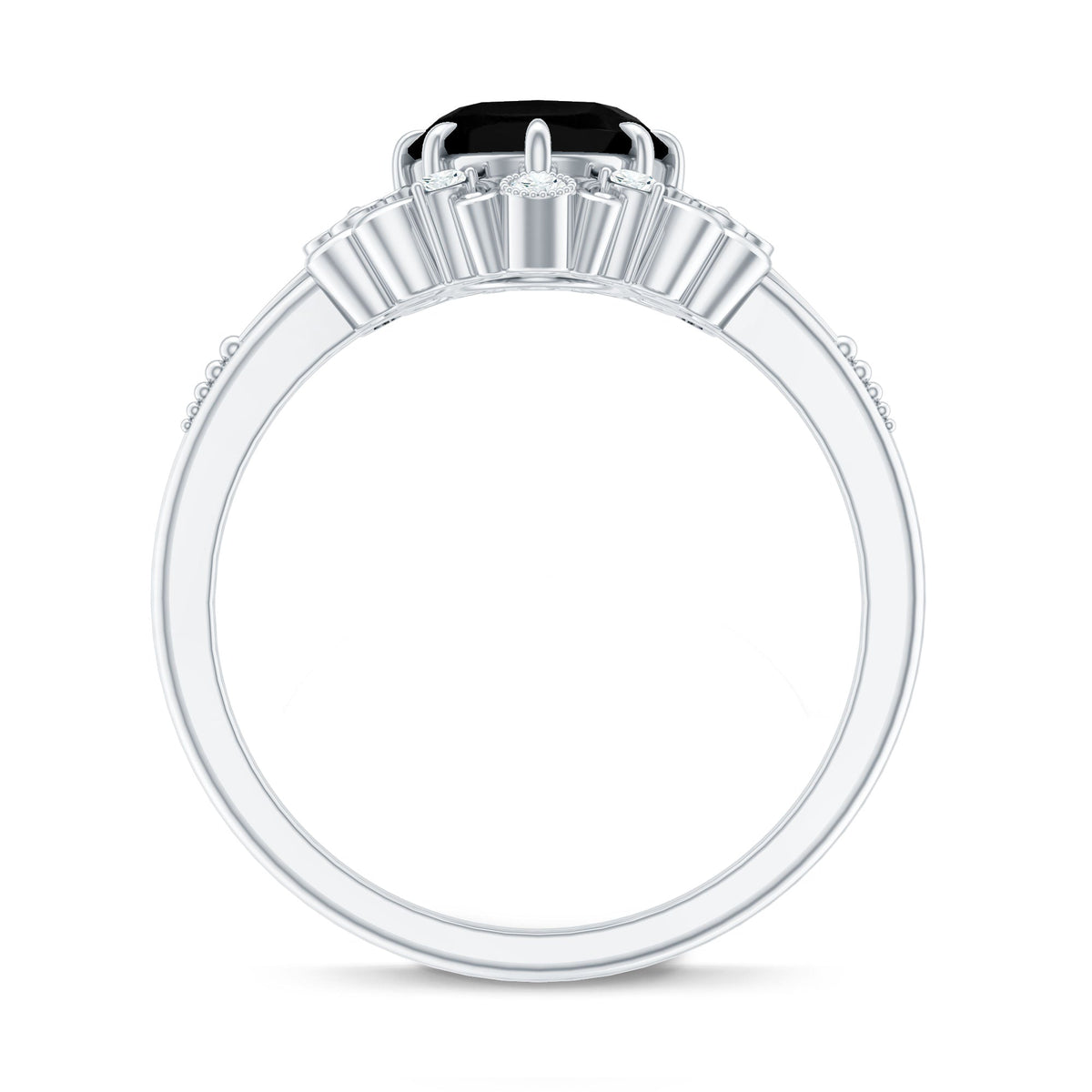 7X9mm Oval Cut Vintage Inspired Black Onyx Statement Ring with Diamond