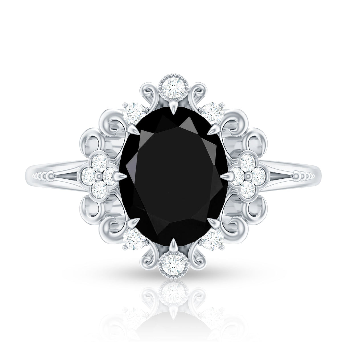 7X9mm Oval Cut Vintage Inspired Black Onyx Statement Ring with Diamond