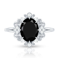 7X9mm Oval Cut Vintage Inspired Black Onyx Statement Ring with Diamond