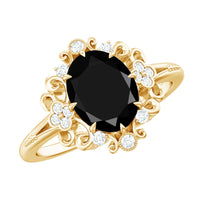 7X9mm Oval Cut Vintage Inspired Black Onyx Statement Ring with Diamond