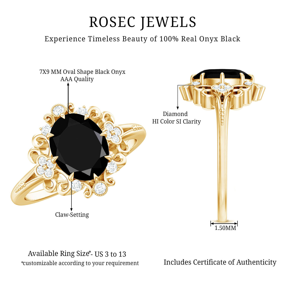7X9mm Oval Cut Vintage Inspired Black Onyx Statement Ring with Diamond